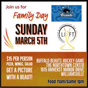 LIFT grpahic for event on March 5th with Buffalo Beauts Hockey team