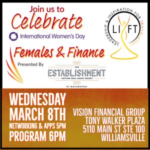 LIFT graphic for Females & Finance event March 8th