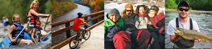 Find Your Fun all seasons: whitewater rafting, biking, snowtubing group, fisherman