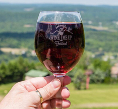 Hand holding red wine glass with mountain in the background