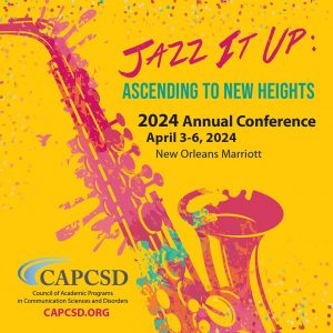 Bright yellow, pink and teal colored CAPCSD 2024 Annual Conference"s themed graphic shows an abstract saxophone, title "Jazz It Up: Ascending to New Heights," dates April 3-6, 2024, and New Orleans Marriott location.