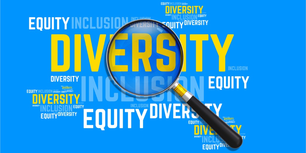 Word cloud of Diversity, Equity and Inclusiong with magnifying glass over the words