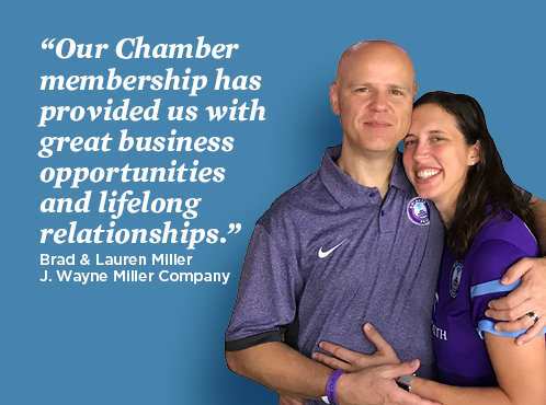 testimonial_498x370_Brad_Lauren_Miller Image of Brad and Lauren Miller with text: Our chamber membership has provided us with great business opportunities and lifelong relationships. Brad and Lauren Miller, J.Wayne Miller Company