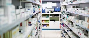 Shot of shelves stocked with various medicinal products in a pharmacy