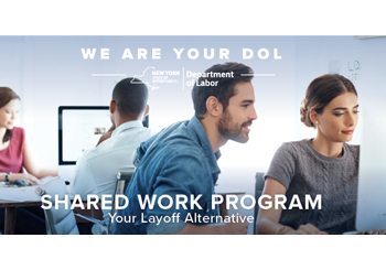 NYS Shared Work Program graphic with 2 computer screens and four co-workers