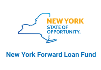 New York state outline and New York Forward Loan Fund logo