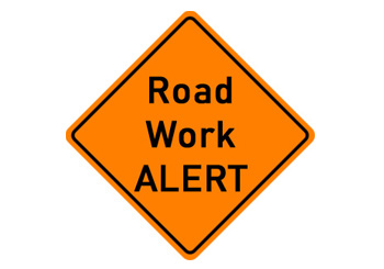 orange construction sign with text Road Work Alert