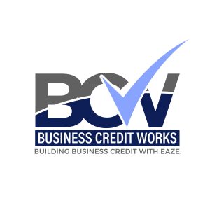 Business Credit Works Logo Blue and Grey B C V with a lavender checkmark through the middle