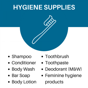 Hygenine Supplies Image Listing Shampoo conditioner body wash bar soap body lotion toothbrush toothpast deodorant feminine hygiene products