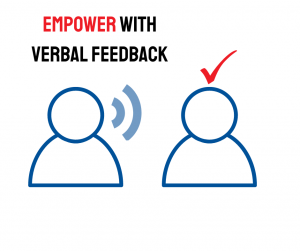 Title of the article, with the word 'Empower' in red. Two basic outline people in blue, one talking, the other with a red checkmark to indicate acceptance.