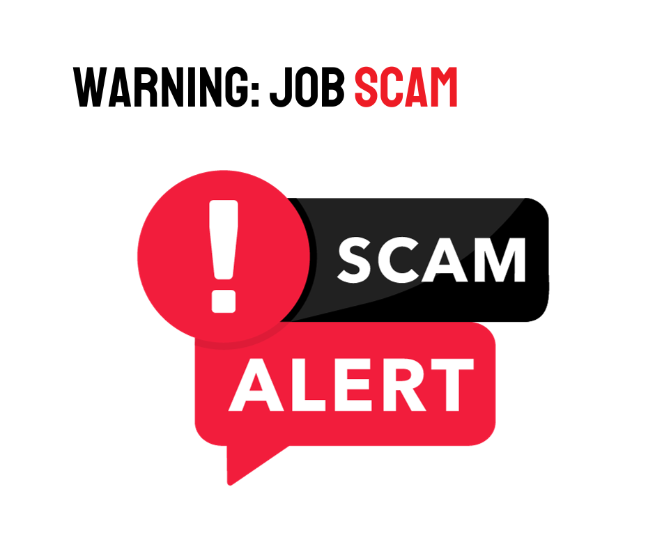 The words Warning: Job Scam floating above black and red text bubbles with an exclamation point and the words 'scam alert' in them.