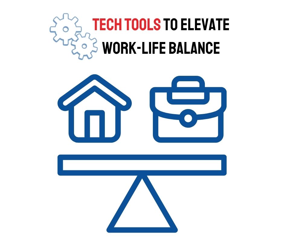 Article Title, the words "Tech Tools" in red. there are light blue gears floating next to the title. Underneath are outlines of a house and a briefcase balancing. End description.