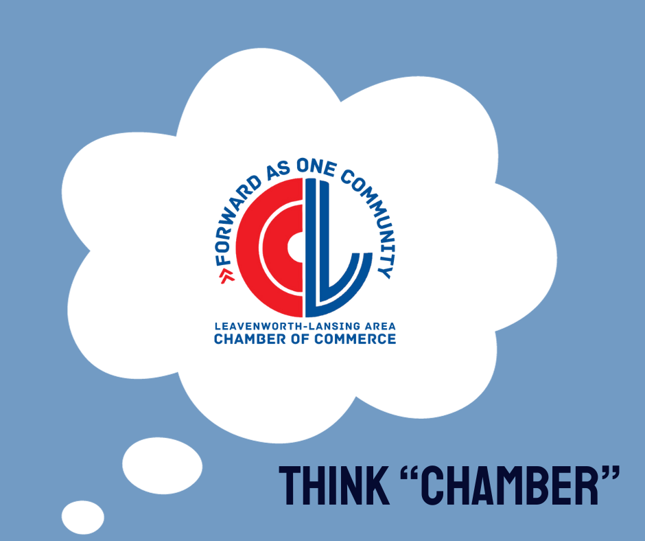 A White cloud with the Leavenworth-Lansing Area Chamber logo in the middle. The logo is two stylized letter "C" and "L"s each in a circle. This is surrounded by the words "Forward as One Community". The words Think "chamber" are underneath. End Description.