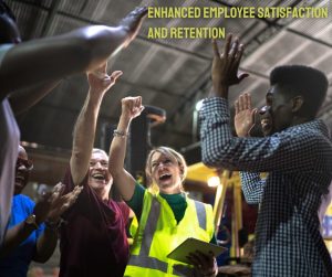 Warehouse employees in a circle, celebrating