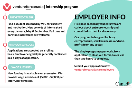 Employer info for venture for Canada internship program.