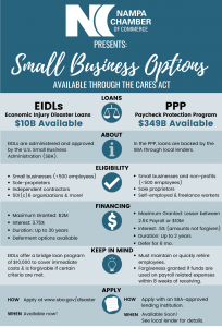PPPCaresActComparison This infographic contains a side-by-side comparison of Economic Injury Disaster Loans (EIDLs) and the Paycheck Protection Program (PPP)