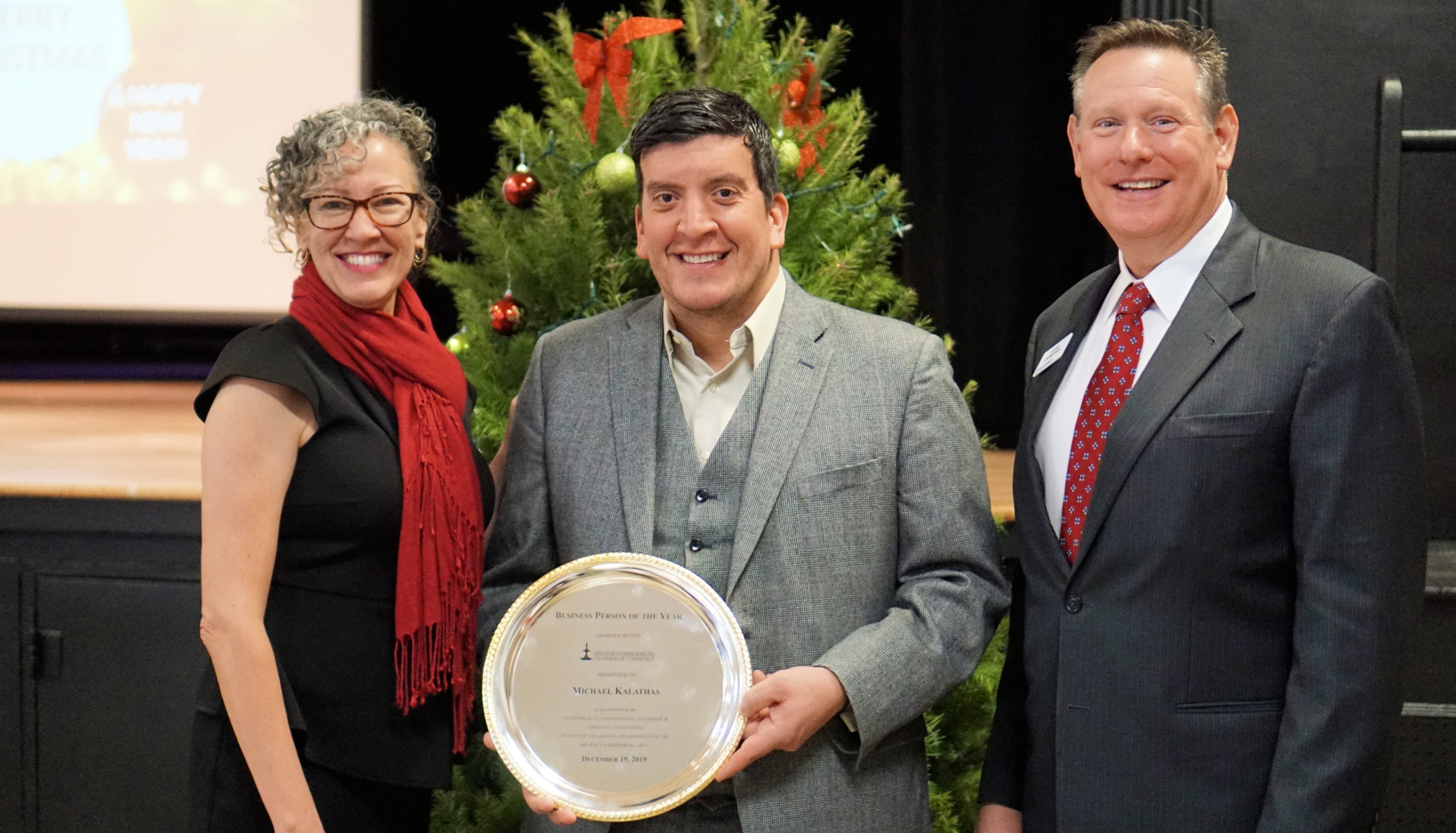 L-R Kim Crider, chair of Chambersburg Chamber board, Mike Kalathas, Stephen Christian, Chamber President L-R Kim Crider, chair of Chambersburg Chamber board, Mike Kalathas, Stephen Christian, Chamber President