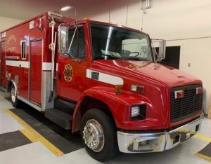 red fire truck in garage