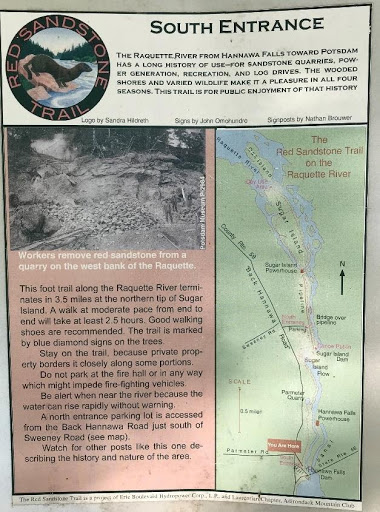 Red Sandstone Trail sign. Signage and trail maintenance provided by the Laurentian Chapter of the Adirondack Mountain Club and the Brookfield Power Company.