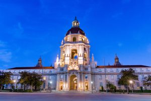 Night view of the beautiful facade of the historical City Hall building of Pasadena, Los Angeles county, California; the building was completed in 1927;