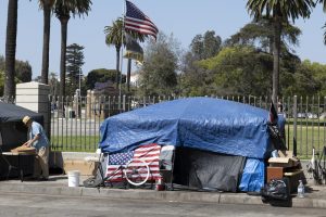 Los Angeles, CA USA - May 30, 2021: Homemess veterans and tents outside the Veteran's Administration in Los Angeles