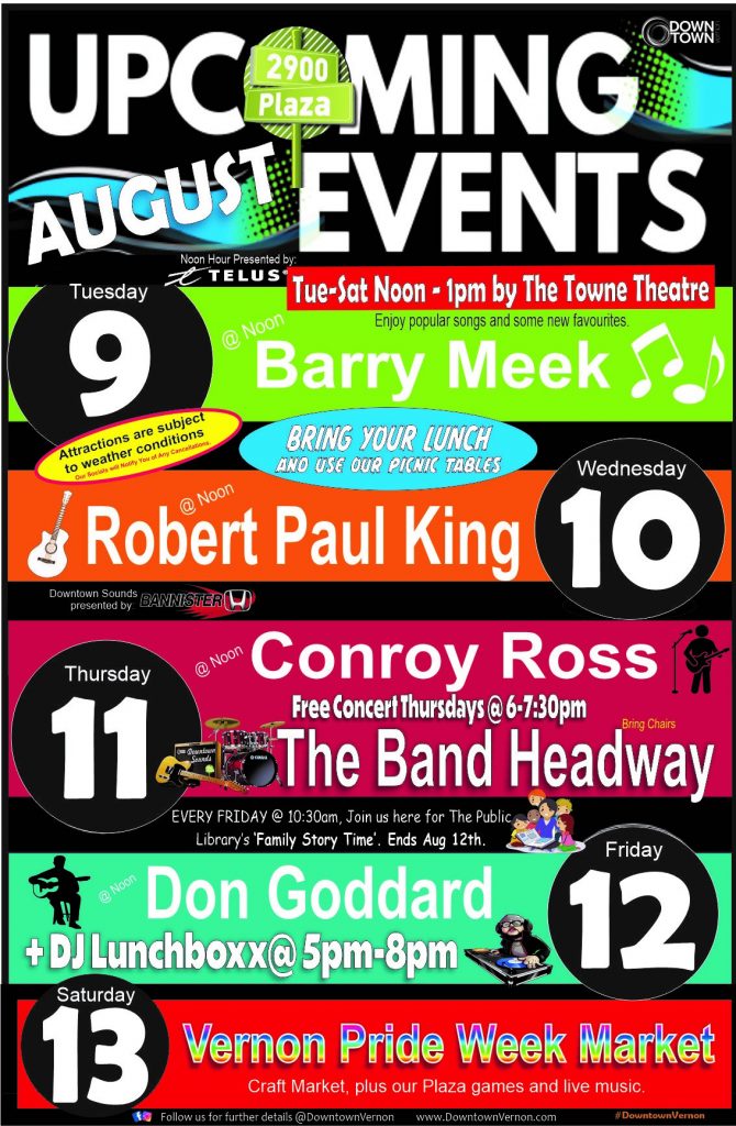 Downtown Vernon 2900 Plaza Events Schedule Aug 9 week