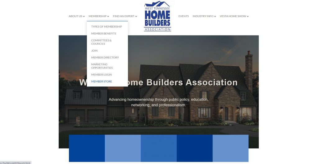The homepage of the WTNHBA website. The drop down menu under Membership is open and Member Store is highlighted.