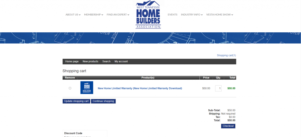 The shoping cart on WTNHBA's Member Store. A New Home Warrranty is in the shopping cart.