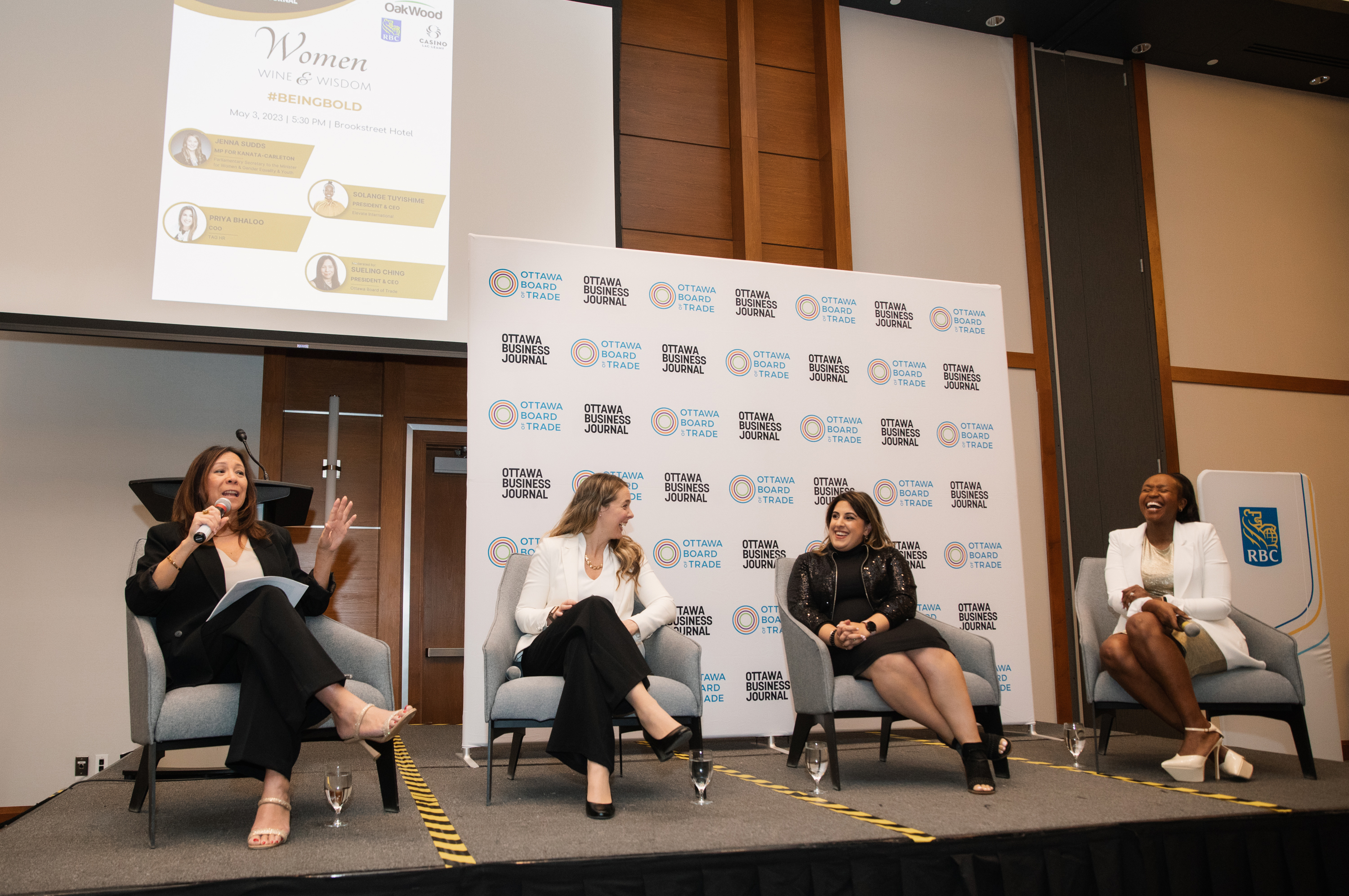 From left to right: Sueling Ching, Jenna Sudds, Priya Bhaloo, and Solange Tuyishime speaking at Women, Wine and Wisdom: Being Bold