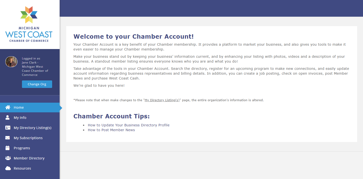 Screenshot of Homepage My Chamber Account