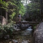 Man hiking on log over stream