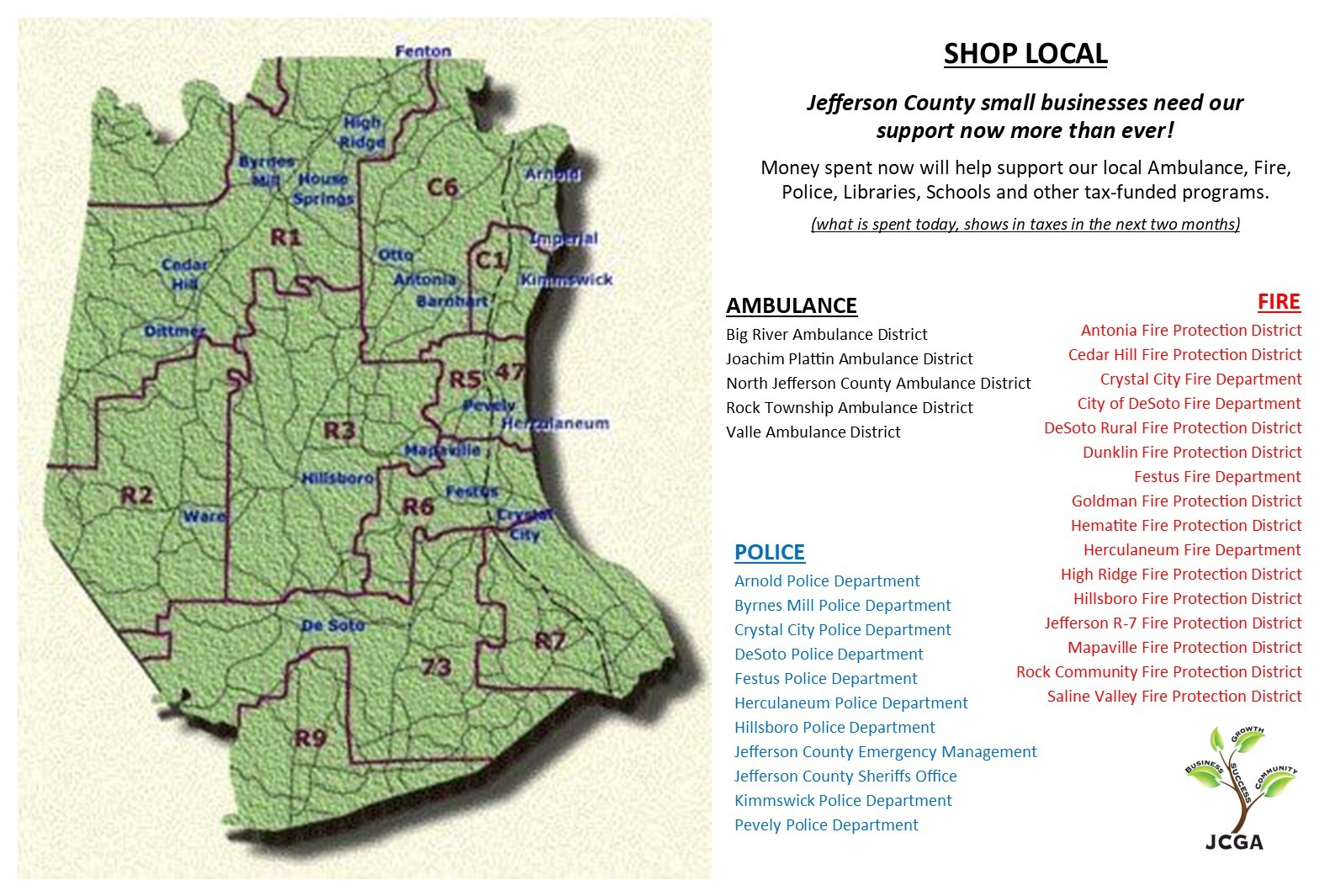 Map of Jeff. County Shop Local with fire police ambulance - for PowerPoint presentation