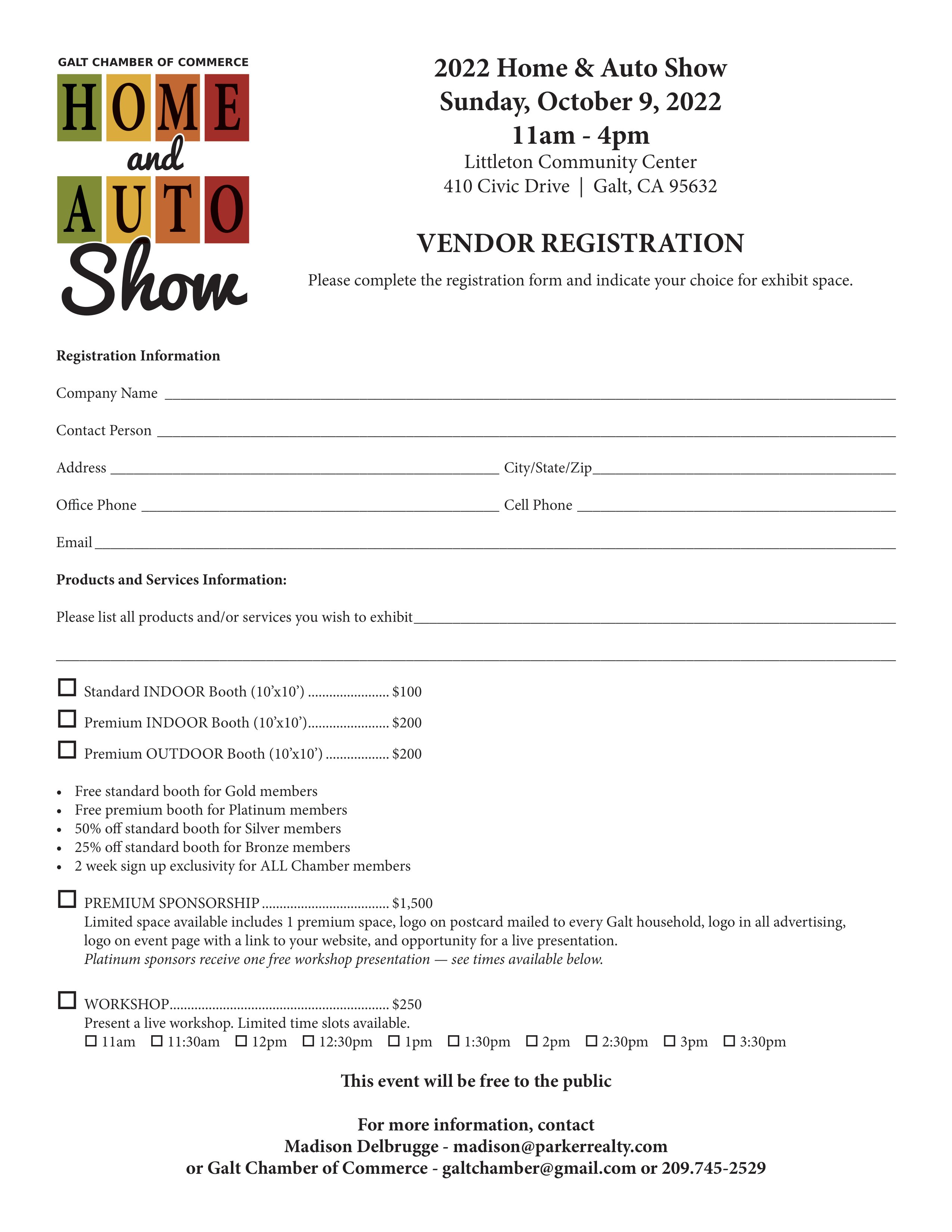 Home & Auto Show 2022 Sponsor/Vendor Registration Form, 10/09/2022, 11am to 4pm