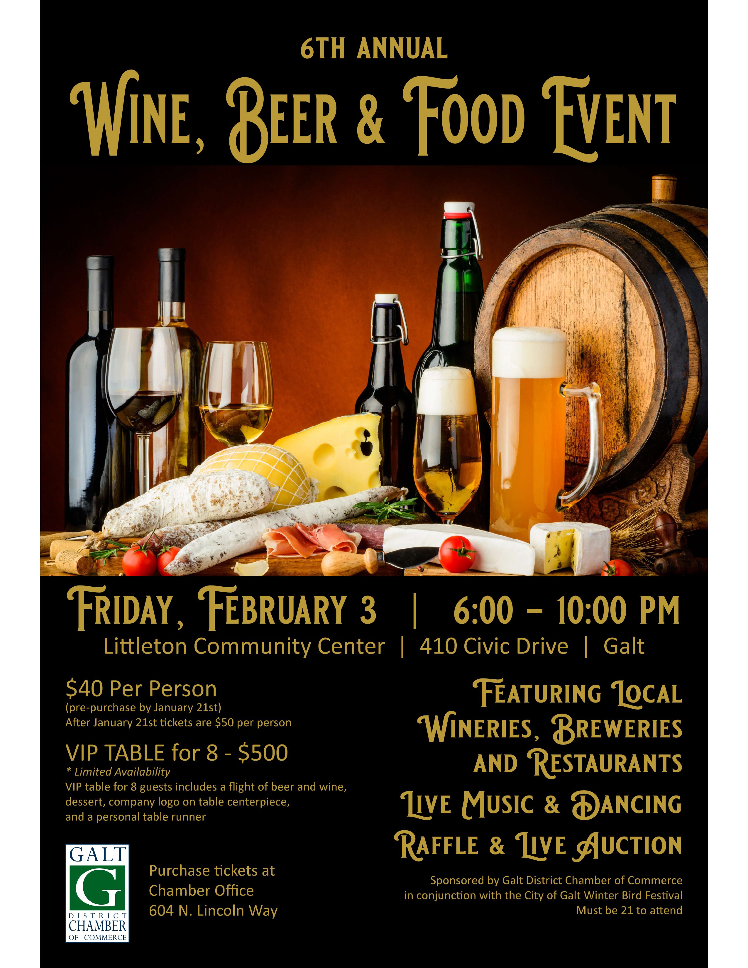 6th Annual Wine, Beer & Food Event, 2/3/2022, 6-10pm, 410 Civic Dr, Galt, $40 per person through 1/21, then $50 per person after and at the door