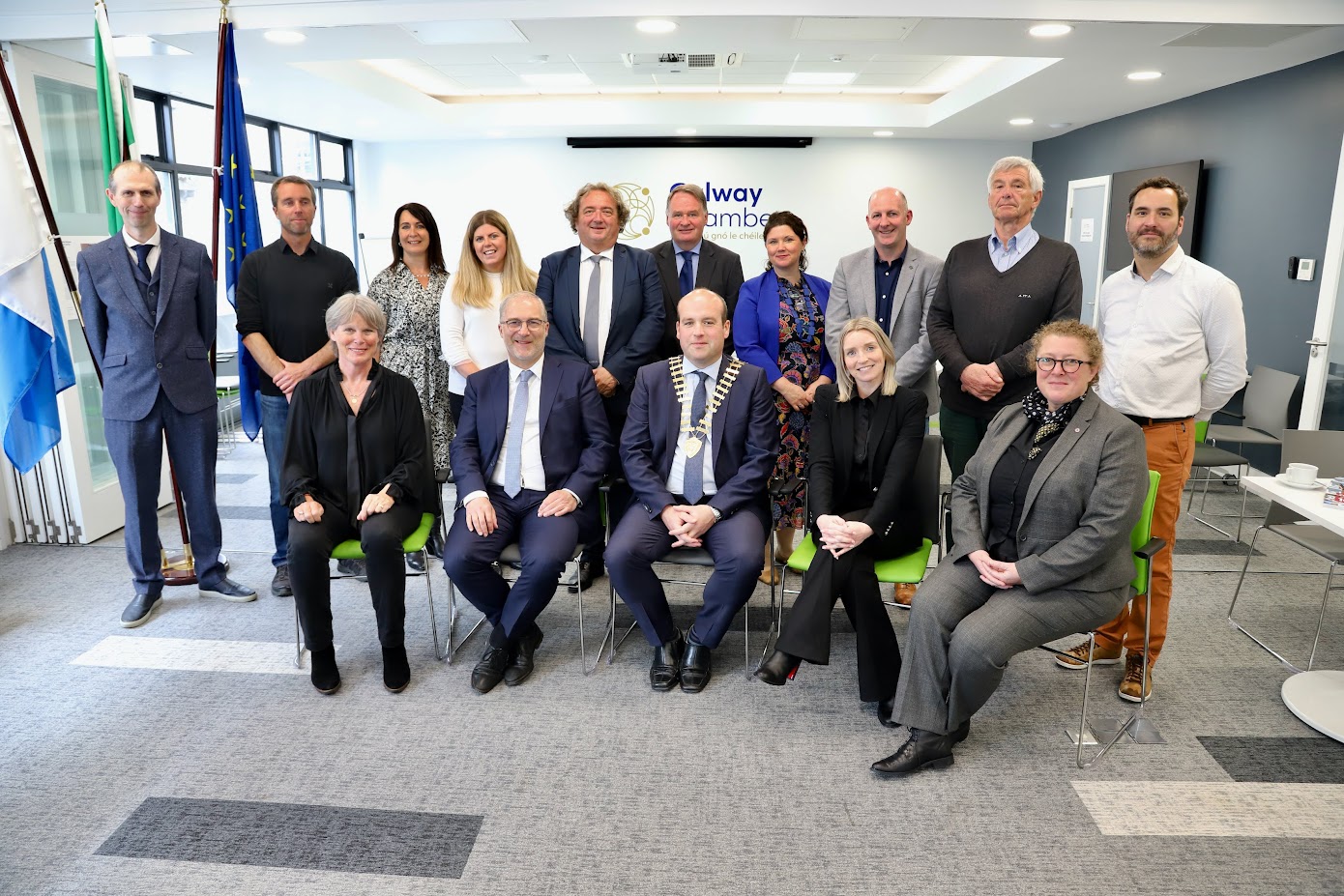 Chamber of Commerce Images-12 Back row; John Breslin, NUIG, Rigis Guyon, Morgane Christien, Lorient delegation; Elaine Murphy, Galway Chamber, Bruno Jaouen, Lorient, Pat Piggott, Betsy Boland and Enda McGuane, Galway Chamber, Jean Gabriel Samzun, Arnaud Rentenier, Lorient (seated) Sophie Palant, Fabrice Loher, Mayor of Lorient, Aengus Burns, President, Galway Chamber, Lydie Le Pabic, Lorient, and Catherine Gagneaux, French Honorary Consul to Connacht pictured during the delegation's visit to Galway Chamber.