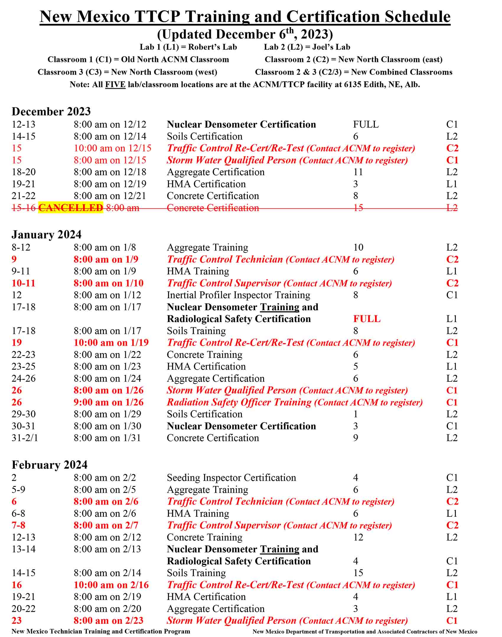 TTCP schedule