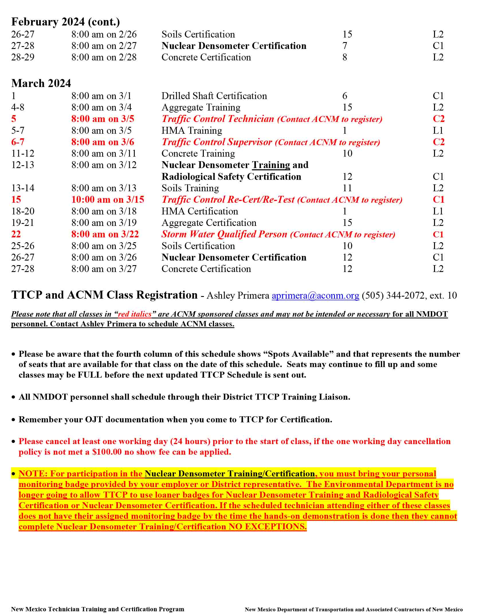 TTCP schedule