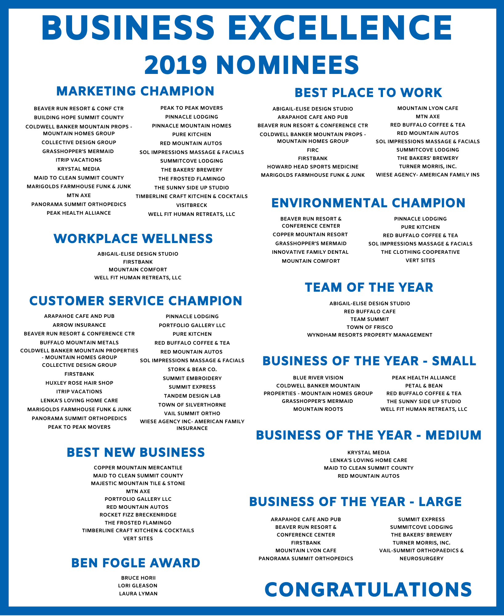 Business Excellence 2019 Nominees