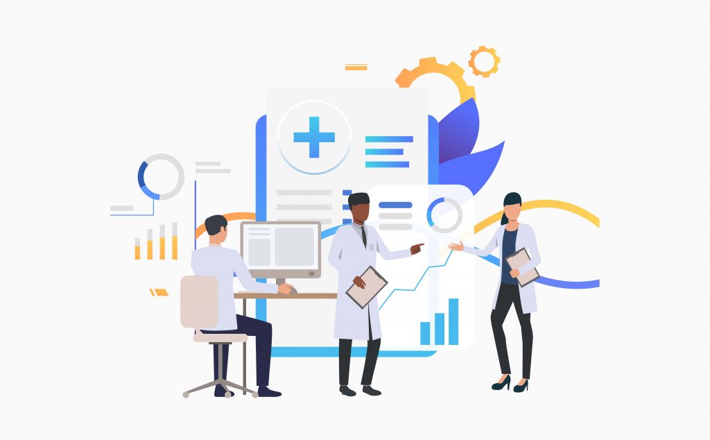 Medics working over charts vector illustration. Medical research, medical development, modern clinic. Healthcare concept. Creative design for layouts, web pages, banners