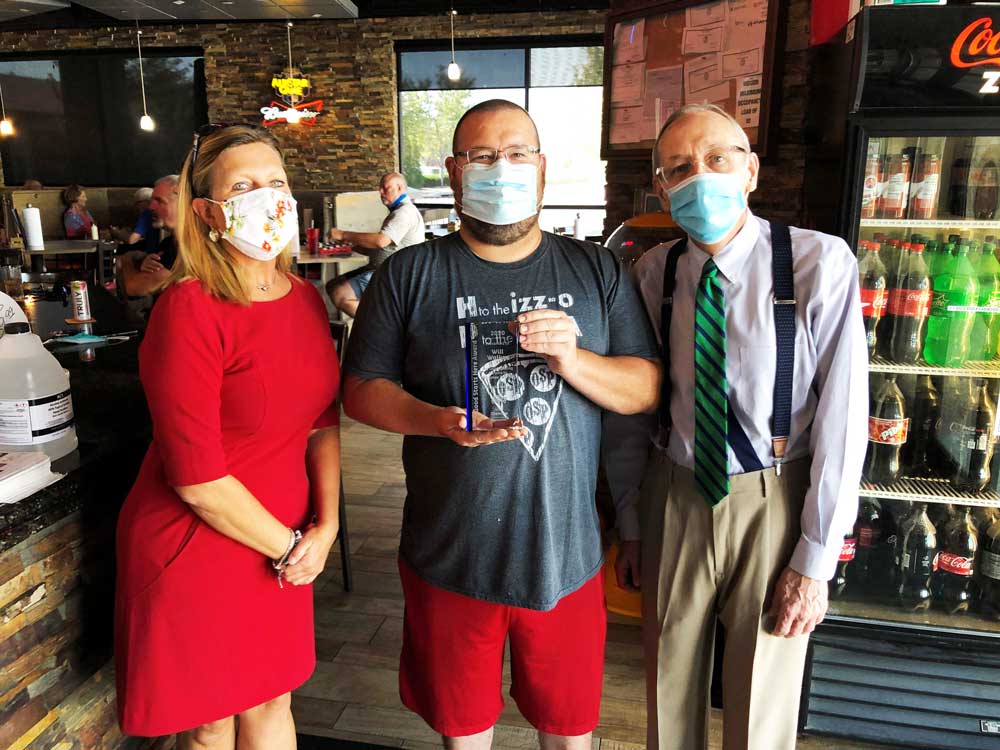 Tourism-Award-Winner-Will-Walker-web Ann Smith-Tate – Shawnee Chamber President & CEO, Will Walker – Old Shawnee Pizza, Kevin Fern – Visit Shawnee during the 12th Annual Good Starts Here Award presentation.