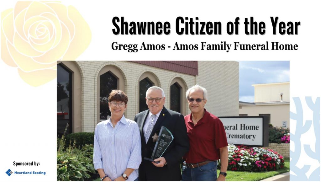 Gregg Amos pictured with Kathy Peterson (L) of Heartland Seating and Mickey Sandifer (R), the previous Shawnee Citizen of the Year.