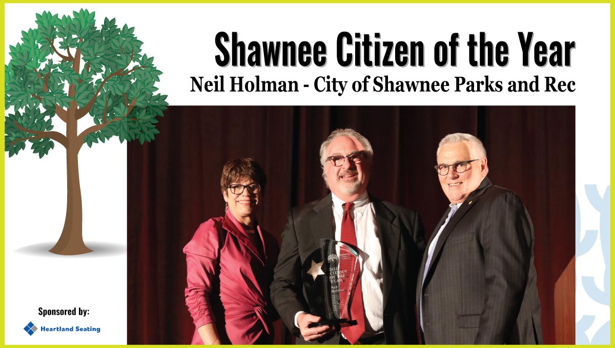 Neil Holman pictured with Kathy Peterson (L) and Gregg Amos, 2020 Shawnee Citizen of the Year (R)