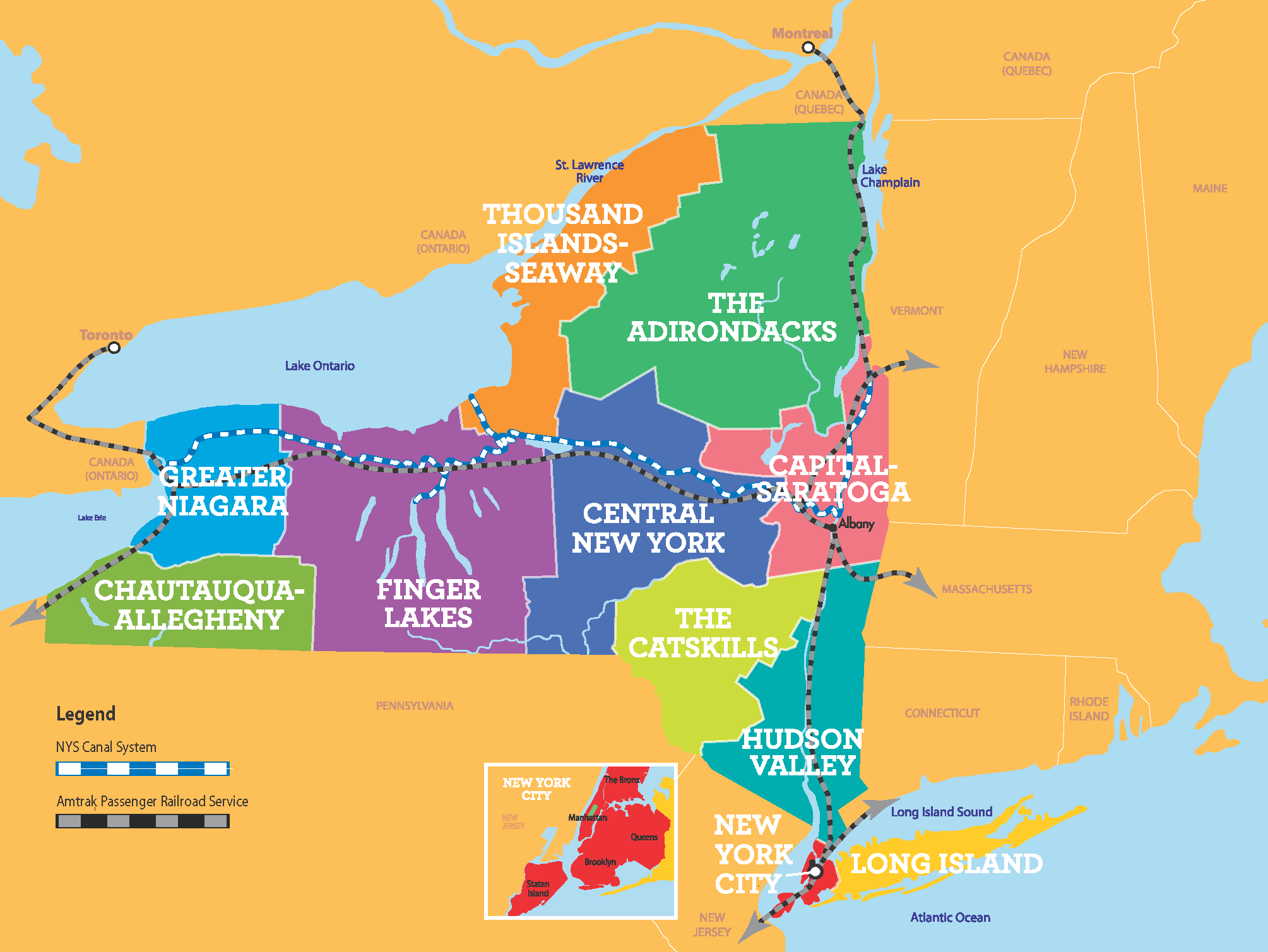 Each New York State vacation region is distinctive and unique, and so are the camping options! You’re sure to make lasting memories with your friends and family. Click the map to see a larger image of the vacation regions. Then start your planning by clicking the vacation region boxes below, or scroll further for info on the CONY mobile app. 