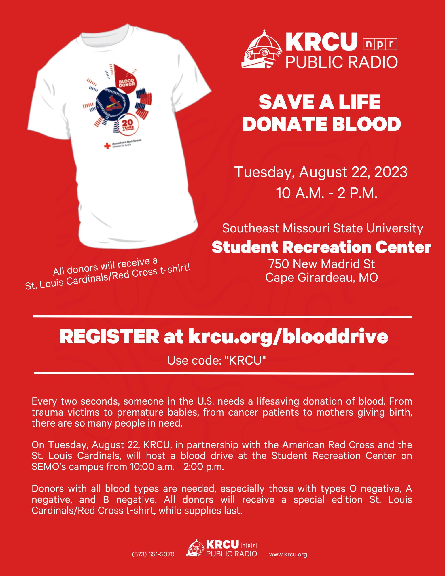 KRCU Blood Drive Flyer - SEMO Rec Center - Aug 22, 2023