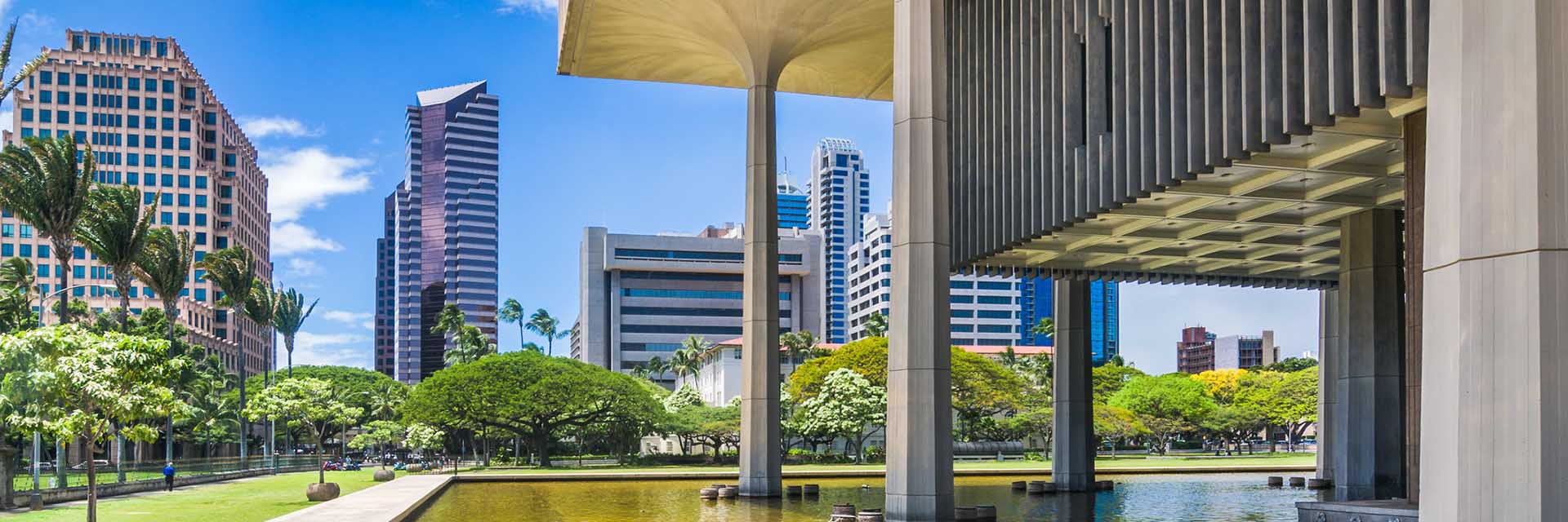 The skyline of modern high rise buildings of Honolulu, Hawaii