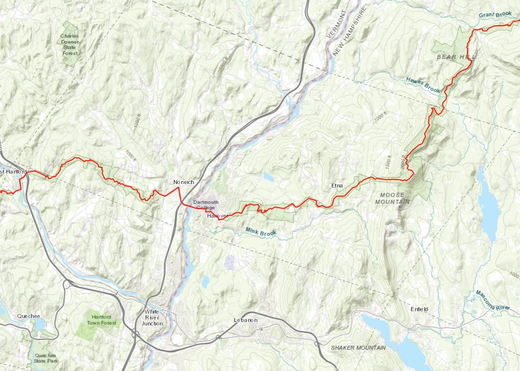 Map of AT Trail running through Norwich, VT and Hanover, NH in the Upper Valley