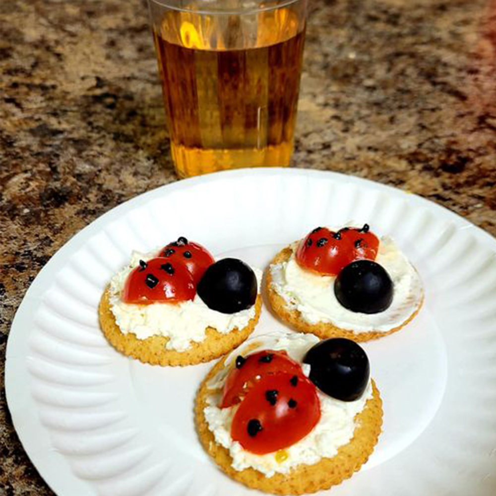 Cassandra Horner Ladybug appetizers on wgr crackers with apple juice