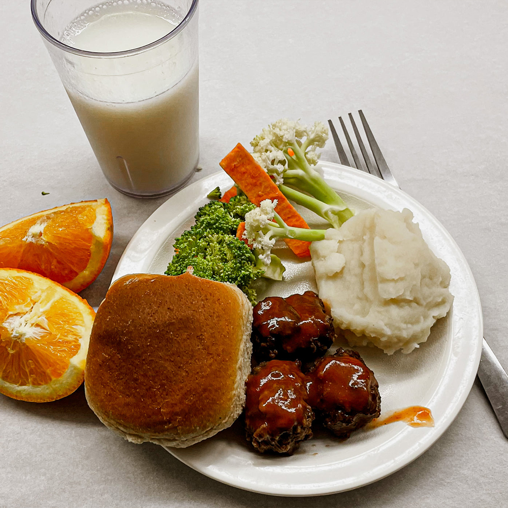 MCOE BBQ Meatballs Mashed potatoes and veggies, wgr roll oranges and milk