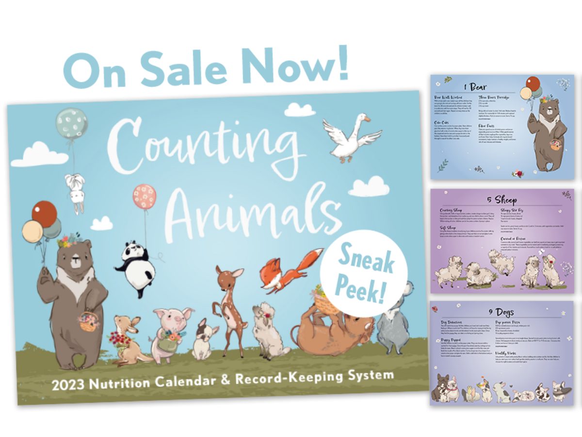 Image of front cover and three interior pages of calendar. Pages have pastel colors and animals. 
