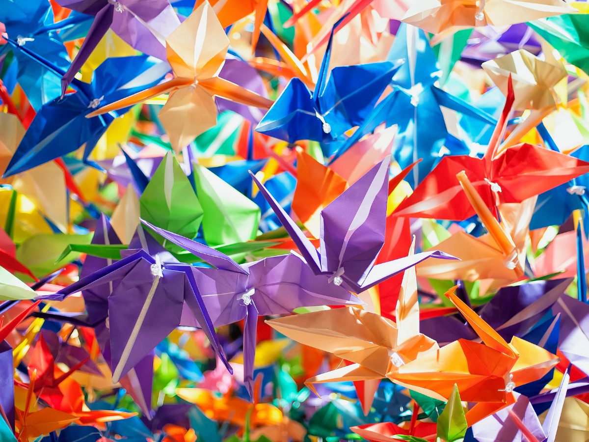 multi-colored origami cranes